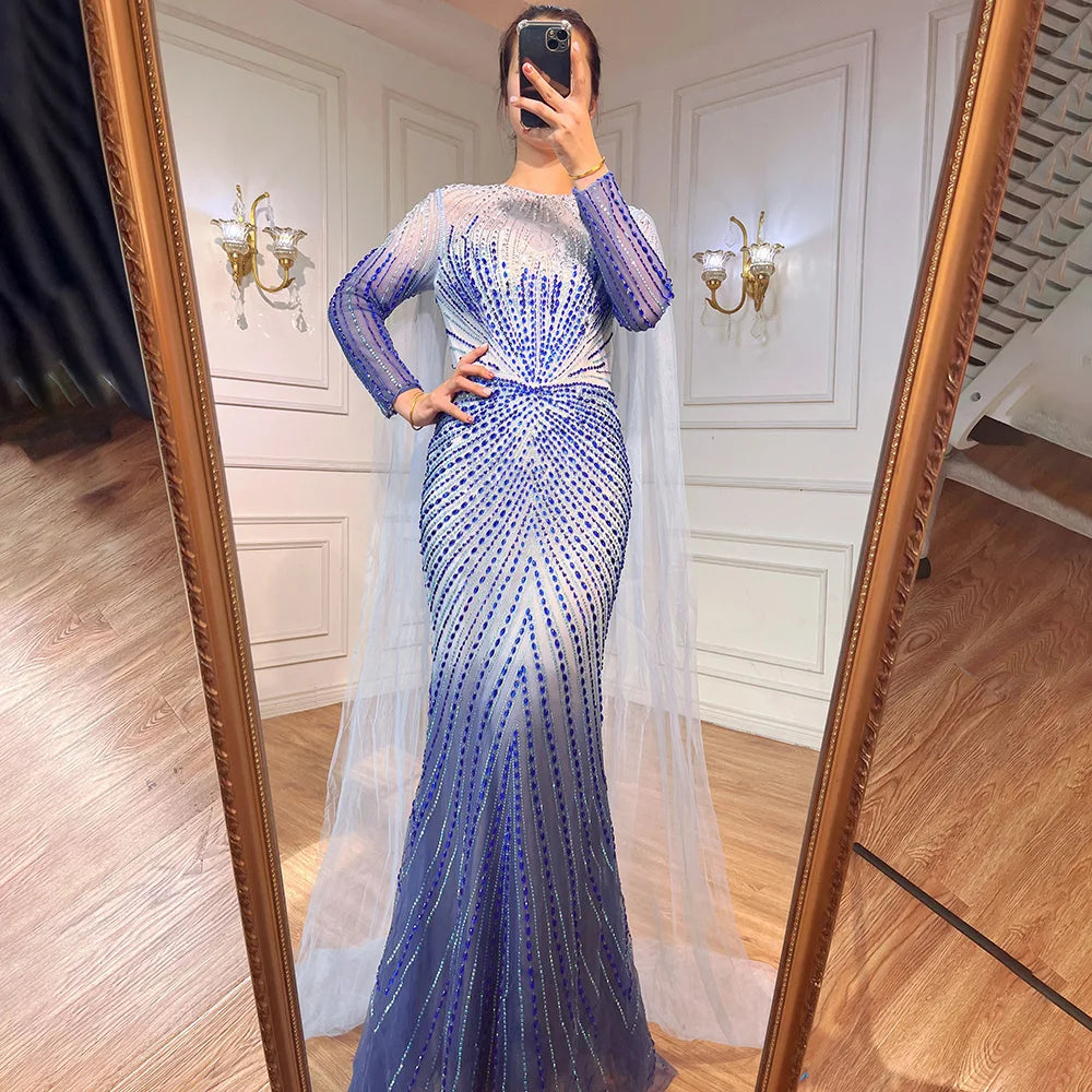 Luxury Dubai Arabic Blue Mermaid Elegant Evening Dresses Gowns Long Beaded Luxury For Women Party LA71846 - SERENE HILL