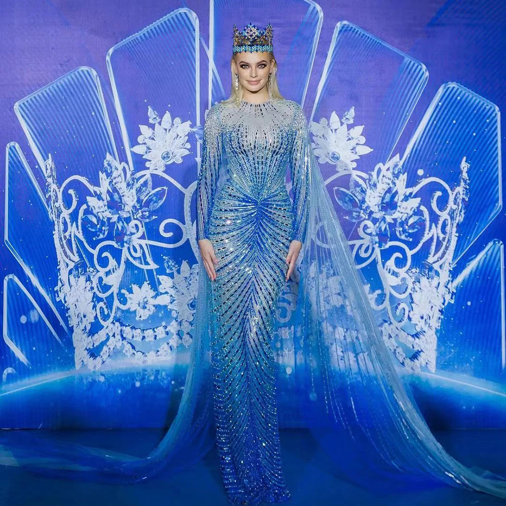 Luxury Dubai Arabic Blue Mermaid Elegant Evening Dresses Gowns Long Beaded Luxury For Women Party LA71846 - SERENE HILL