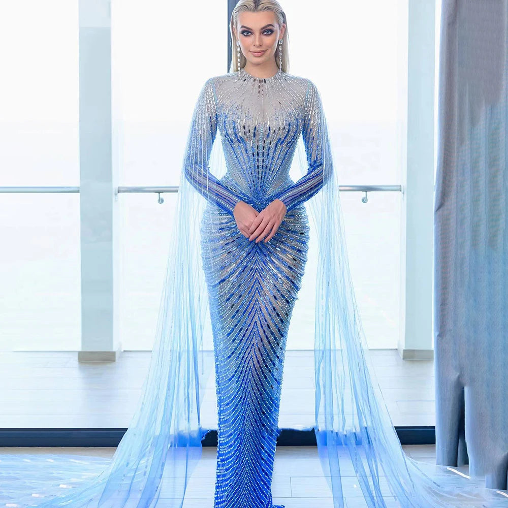 Luxury Dubai Arabic Blue Mermaid Elegant Evening Dresses Gowns Long Beaded Luxury For Women Party LA71846 - SERENE HILL