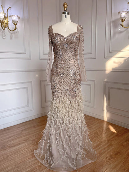 Arabic Blue Feather Beaded Mermaid Evening Dress for Women LA71818 - SERENE HILL