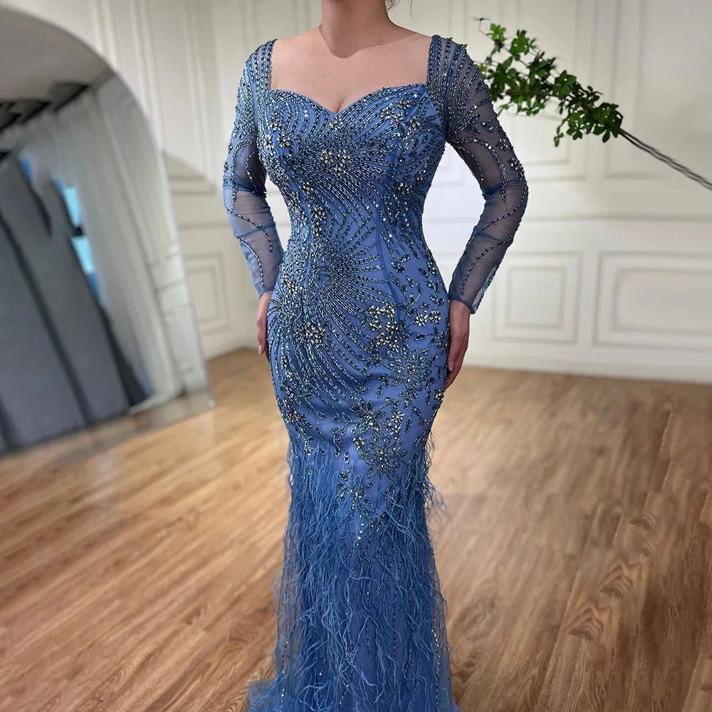 Arabic Blue Feather Beaded Mermaid Evening Dress for Women LA71818 - SERENE HILL