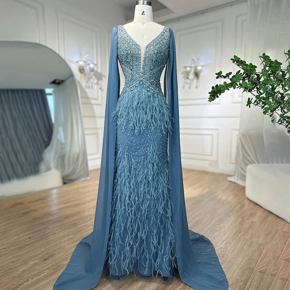 Serene Hill Arabic Blue Mermaid Elegant With Cape Luxury Beaded Feather Dubai Evening Dresses Gowns for Women Party LA71583B - SERENE HILL