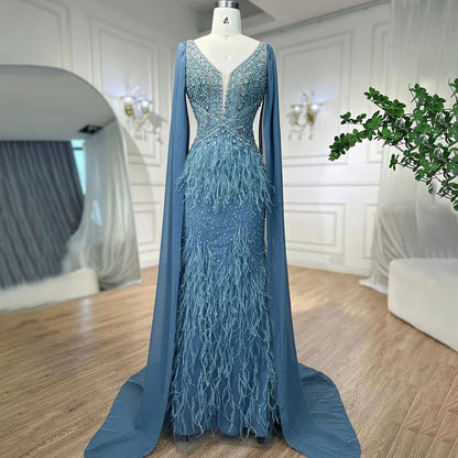 Serene Hill Arabic Blue Mermaid Elegant With Cape Luxury Beaded Feather Dubai Evening Dresses Gowns for Women Party LA71583B - SERENE HILL