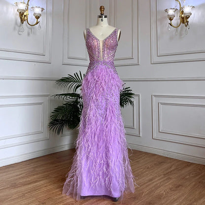Serene Hill Arabic Blue Mermaid Elegant With Cape Luxury Beaded Feather Dubai Evening Dresses Gowns for Women Party LA71583B - SERENE HILL