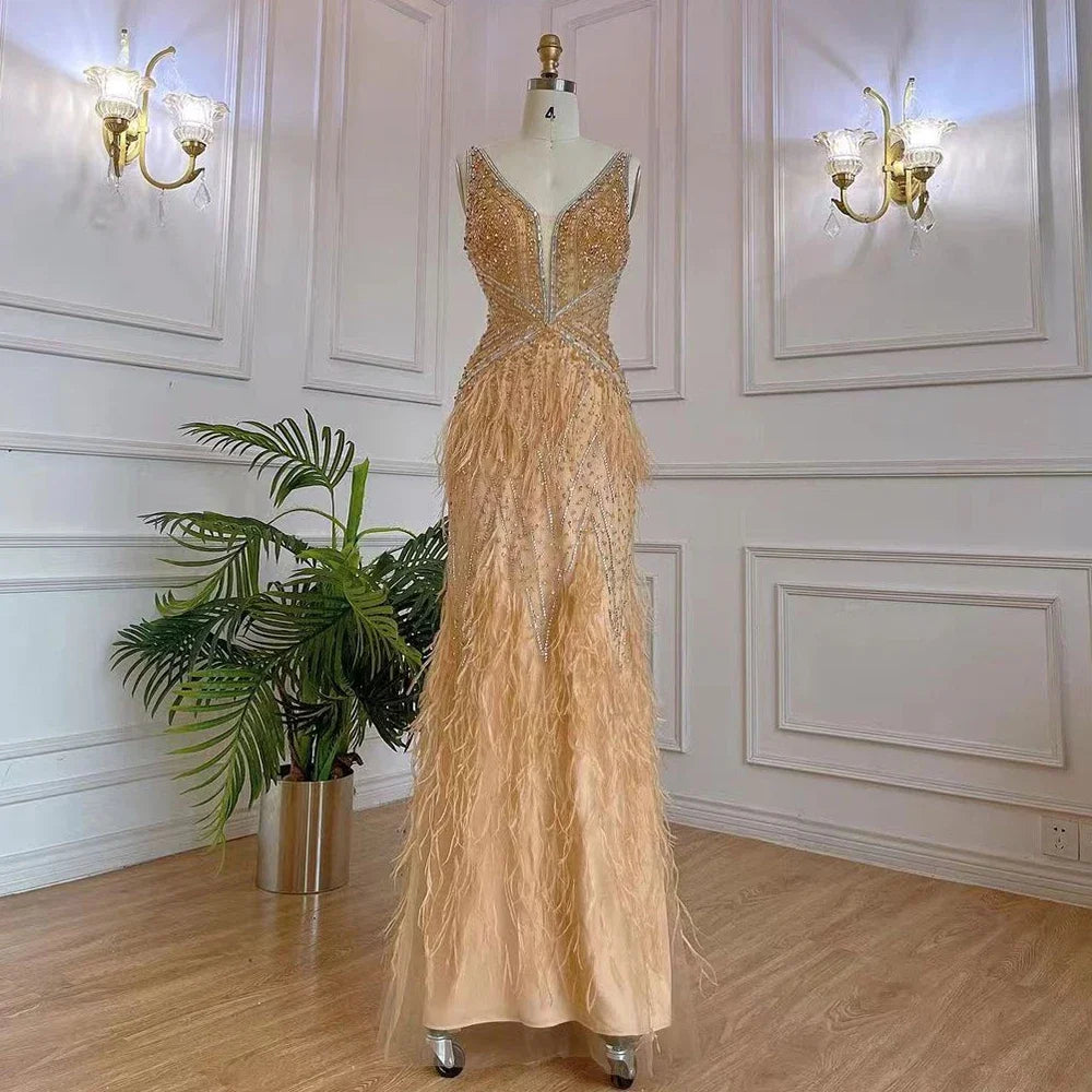 Serene Hill Arabic Blue Mermaid Elegant With Cape Luxury Beaded Feather Dubai Evening Dresses Gowns for Women Party LA71583B - SERENE HILL