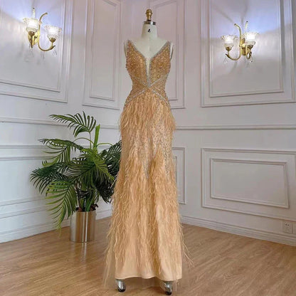 Serene Hill Arabic Blue Mermaid Elegant With Cape Luxury Beaded Feather Dubai Evening Dresses Gowns for Women Party LA71583B - SERENE HILL