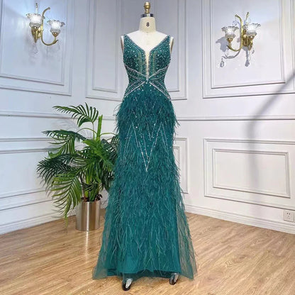 Serene Hill Arabic Blue Mermaid Elegant With Cape Luxury Beaded Feather Dubai Evening Dresses Gowns for Women Party LA71583B - SERENE HILL