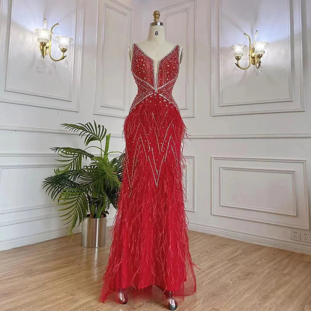 Serene Hill Arabic Blue Mermaid Elegant With Cape Luxury Beaded Feather Dubai Evening Dresses Gowns for Women Party LA71583B - SERENE HILL