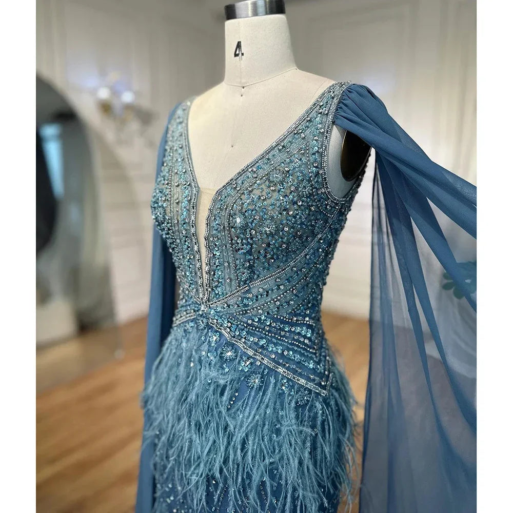 Serene Hill Arabic Blue Mermaid Elegant With Cape Luxury Beaded Feather Dubai Evening Dresses Gowns for Women Party LA71583B - SERENE HILL
