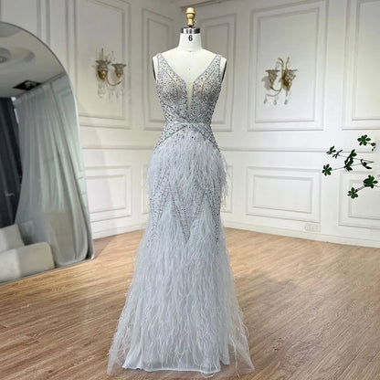 Serene Hill Arabic Blue Mermaid Elegant With Cape Luxury Beaded Feather Dubai Evening Dresses Gowns for Women Party LA71583B - SERENE HILL