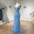 Serene Hill Arabic Blue Mermaid Elegant With Cape Luxury Beaded Feather Dubai Evening Dresses Gowns for Women Party LA71583B - SERENE HILL