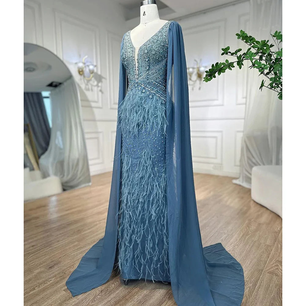 Serene Hill Arabic Blue Mermaid Elegant With Cape Luxury Beaded Feather Dubai Evening Dresses Gowns for Women Party LA71583B - SERENE HILL