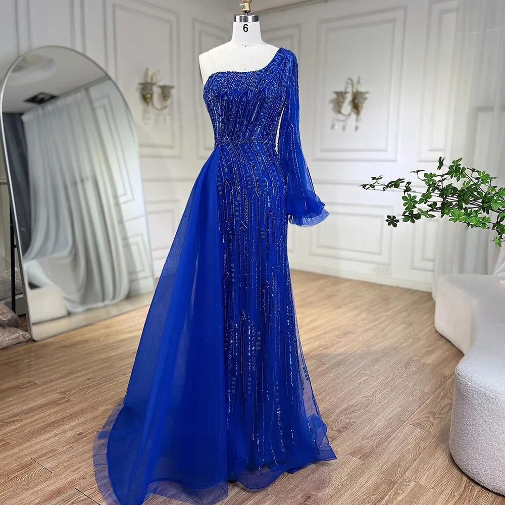 Serene Hill Arabic Blue Mermaid Evening Gown with Beaded Overskirt - Luxury Dresses for Woman&
