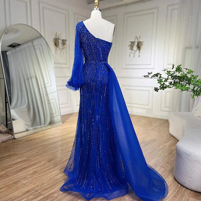 Serene Hill Arabic Blue Mermaid Evening Gown with Beaded Overskirt - Luxury Dresses for Woman&