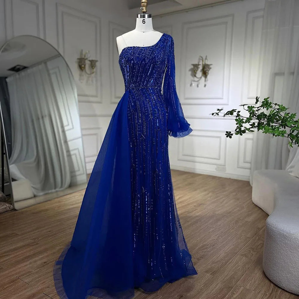 Serene Hill Arabic Blue Mermaid Evening Gown with Beaded Overskirt - Luxury Dresses for Woman&