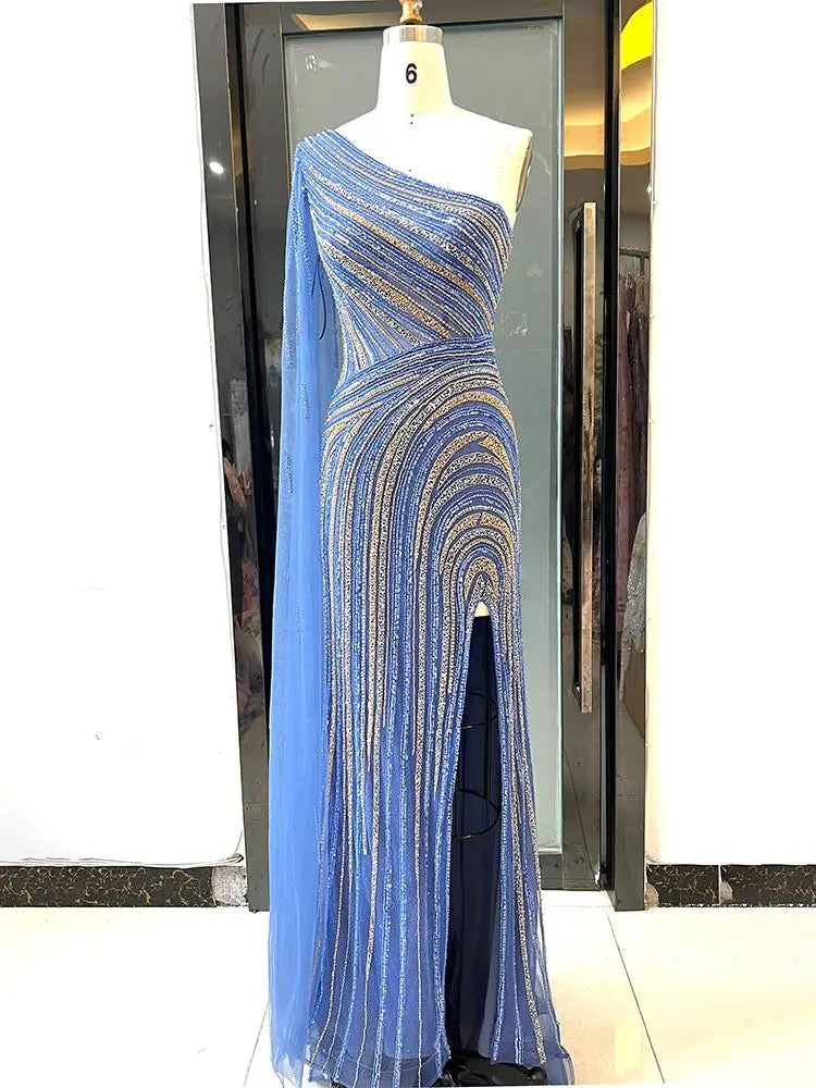 Serene Hill Arabic Blue Mermaid Sexy High Split Cape Sleeve Beaded Evening Dresses Gowns 2025 For Women Wedding Party LA71933 - SERENE HILL
