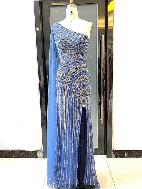 Serene Hill Arabic Blue Mermaid Sexy High Split Cape Sleeve Beaded Evening Dresses Gowns 2025 For Women Wedding Party LA71933