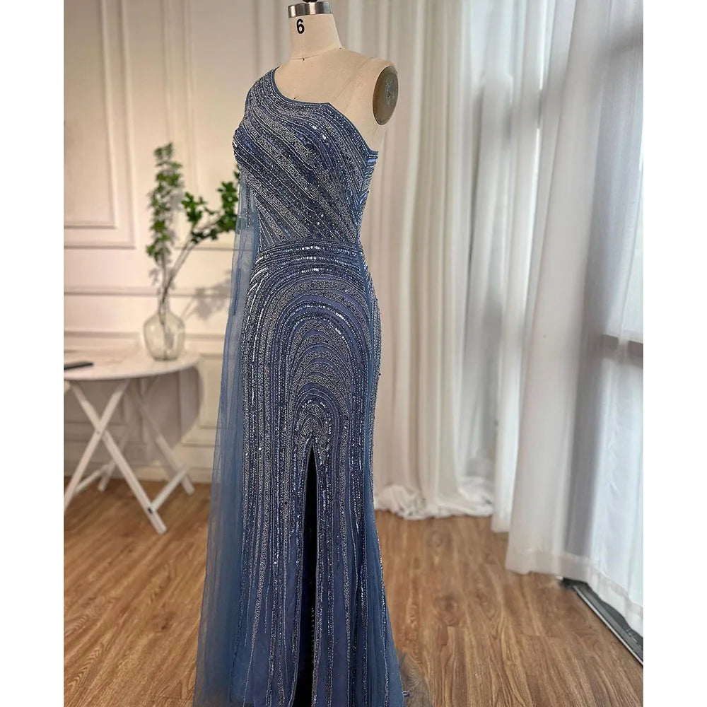 Serene Hill Arabic Blue Mermaid Sexy High Split Cape Sleeve Beaded Evening Dresses Gowns 2025 For Women Wedding Party LA71933 - SERENE HILL