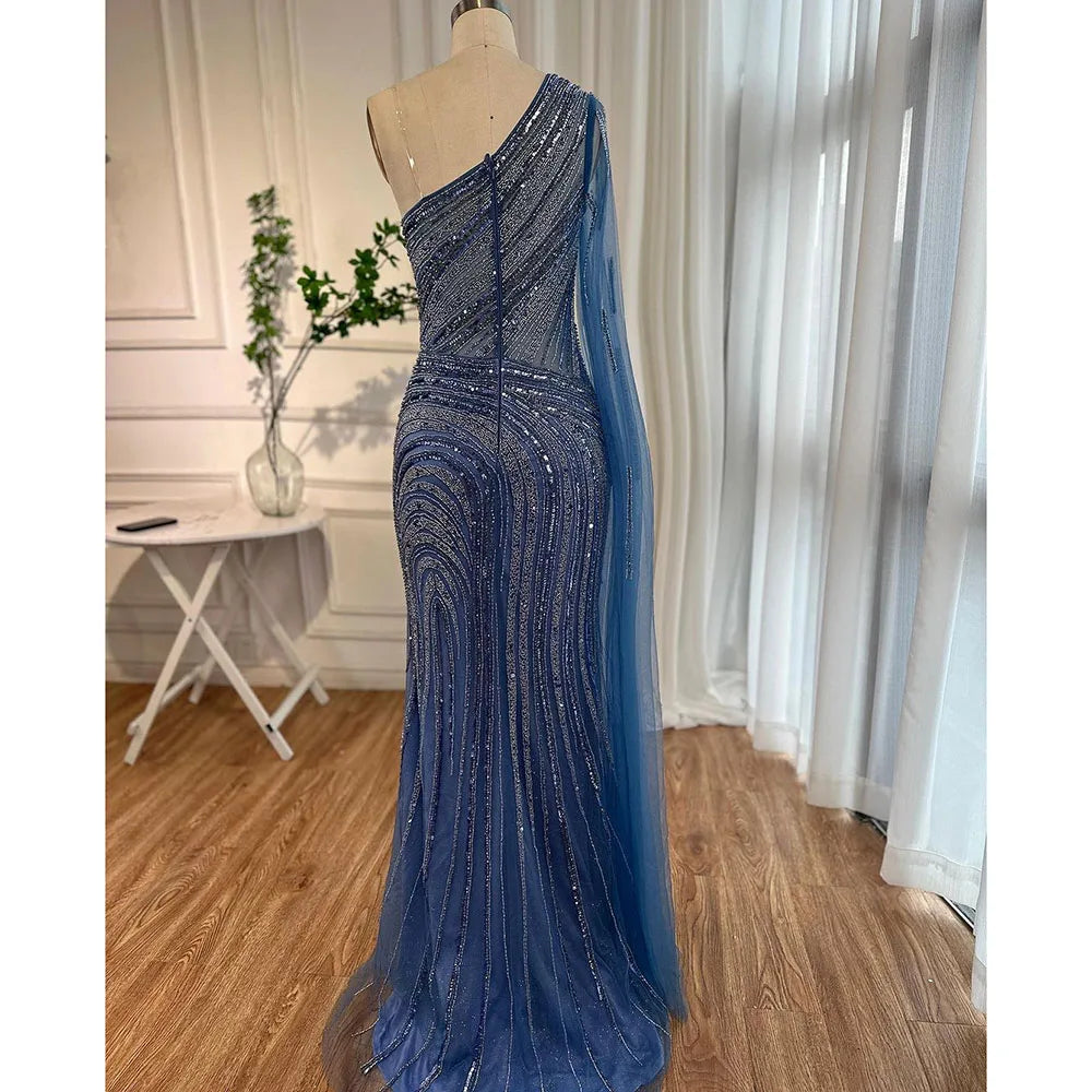 Serene Hill Arabic Blue Mermaid Sexy High Split Cape Sleeve Beaded Evening Dresses Gowns 2025 For Women Wedding Party LA71933 - SERENE HILL