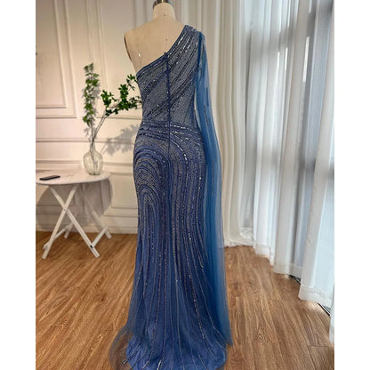 Serene Hill Arabic Blue Mermaid Sexy High Split Cape Sleeve Beaded Evening Dresses Gowns 2025 For Women Wedding Party LA71933 - SERENE HILL
