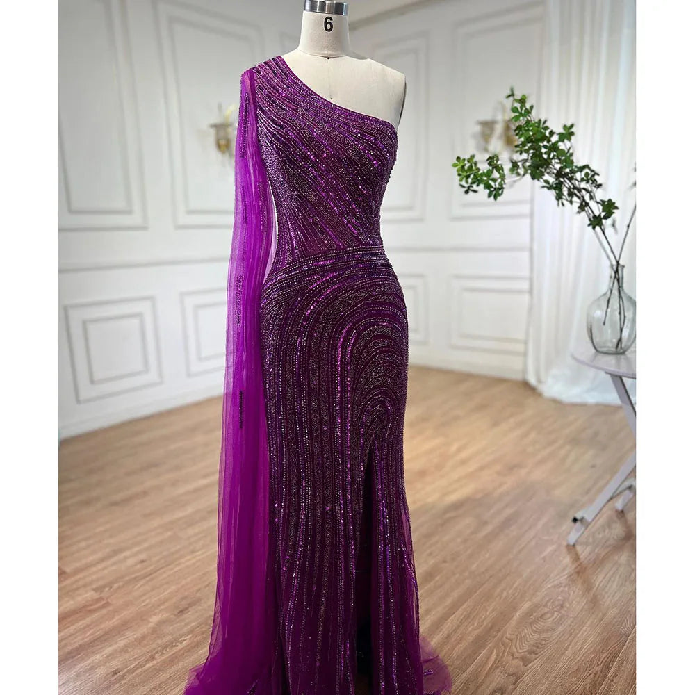 Serene Hill Arabic Blue Mermaid Sexy High Split Cape Sleeve Beaded Evening Dresses Gowns 2025 For Women Wedding Party LA71933 - SERENE HILL