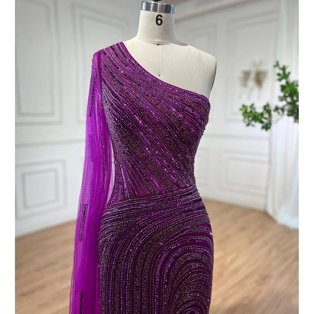 Serene Hill Arabic Blue Mermaid Sexy High Split Cape Sleeve Beaded Evening Dresses Gowns 2025 For Women Wedding Party LA71933 - SERENE HILL