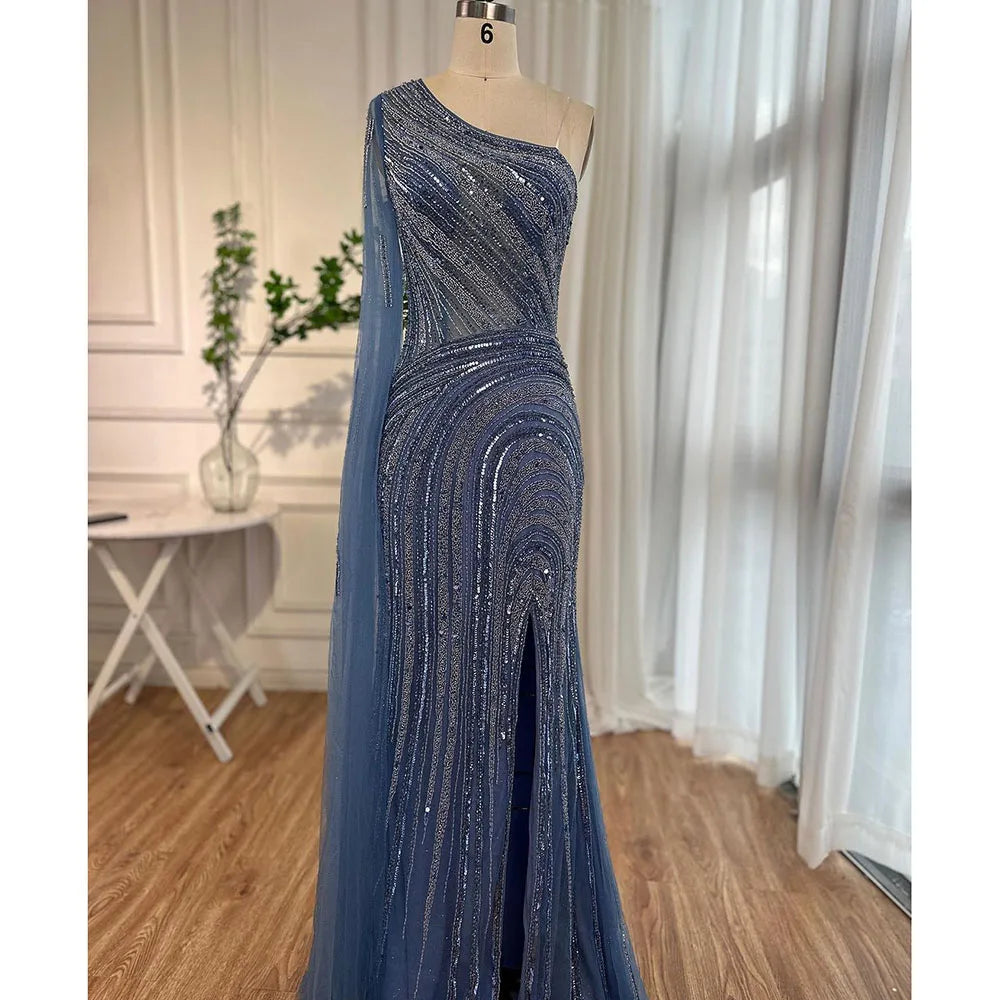 Serene Hill Arabic Blue Mermaid Sexy High Split Cape Sleeve Beaded Evening Dresses Gowns 2025 For Women Wedding Party LA71933 - SERENE HILL