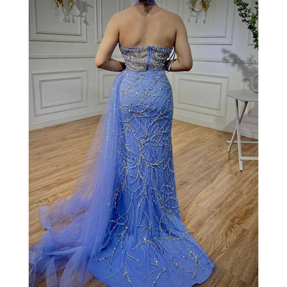 Serene Hill Arabic Blue Mermaid Sleeveless Sexy High Split Beaded Evening Dresses Gowns For Women Wedding Party 2025 LA71980 - SERENE HILL