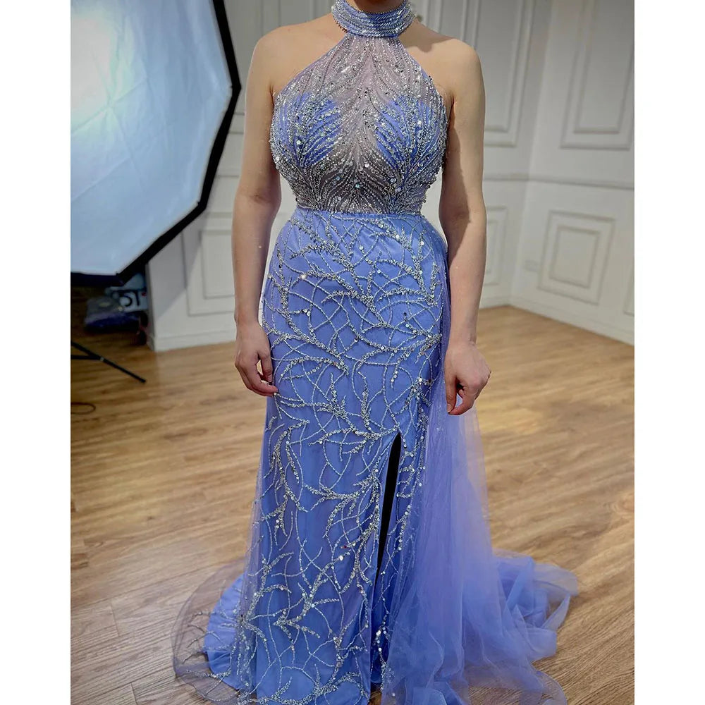 Serene Hill Arabic Blue Mermaid Sleeveless Sexy High Split Beaded Evening Dresses Gowns For Women Wedding Party 2025 LA71980 - SERENE HILL