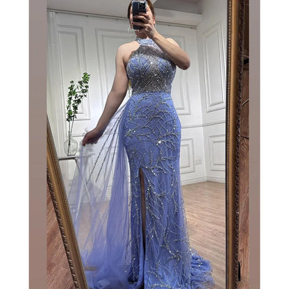 Serene Hill Arabic Blue Mermaid Sleeveless Sexy High Split Beaded Evening Dresses Gowns For Women Wedding Party 2025 LA71980 - SERENE HILL