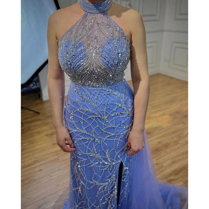 Serene Hill Arabic Blue Mermaid Sleeveless Sexy High Split Beaded Evening Dresses Gowns For Women Wedding Party 2025 LA71980 - SERENE HILL