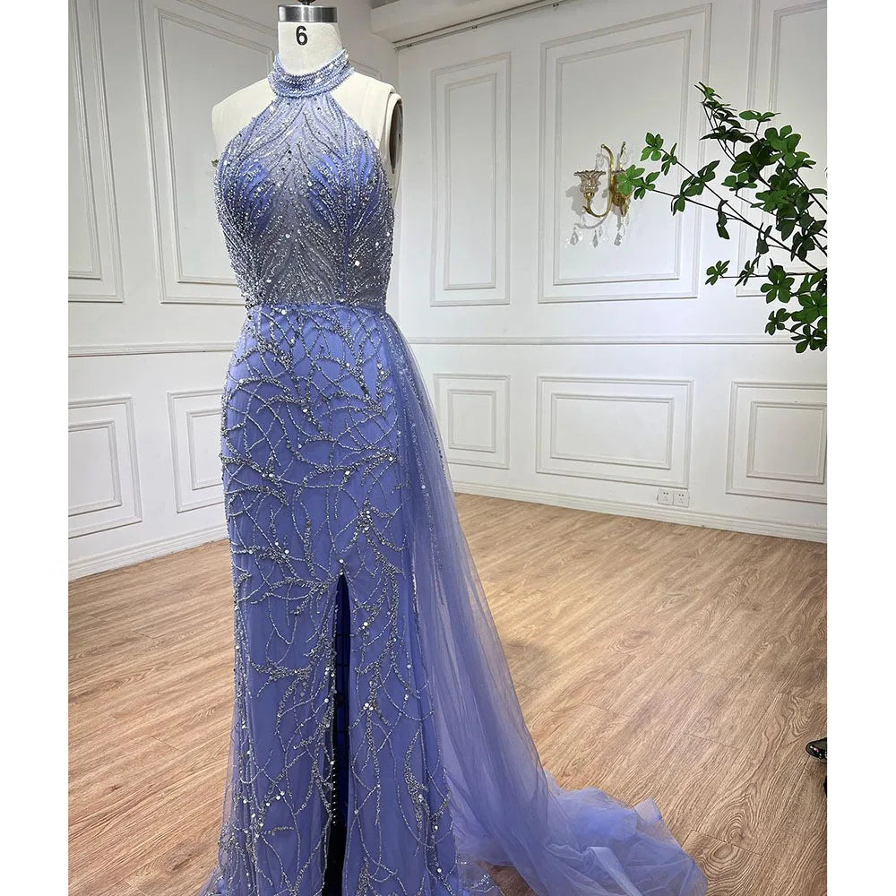 Serene Hill Arabic Blue Mermaid Sleeveless Sexy High Split Beaded Evening Dresses Gowns For Women Wedding Party 2025 LA71980 - SERENE HILL