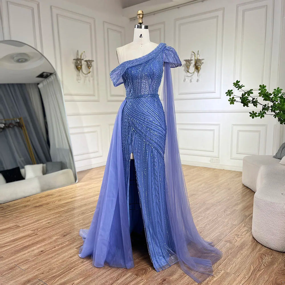 Luxury One Shoulder Blue Evening Dress with Overskirt LA72596 - SERENE HILL