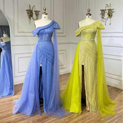 Luxury One Shoulder Blue Evening Dress with Overskirt LA72596 - SERENE HILL