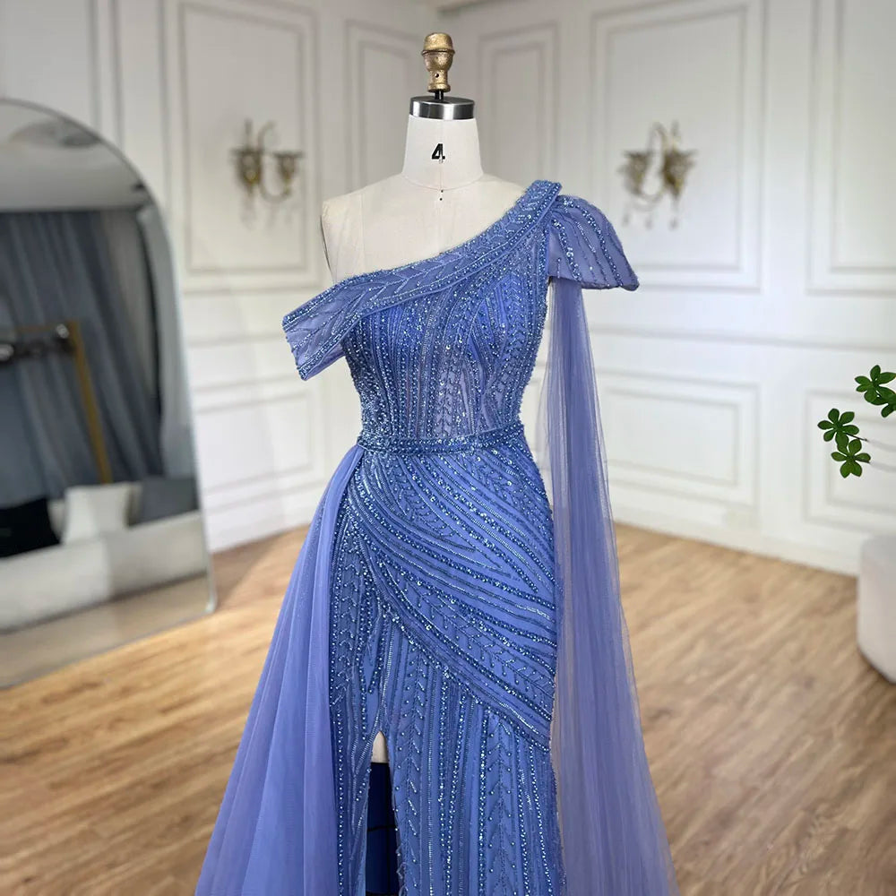Luxury One Shoulder Blue Evening Dress with Overskirt LA72596 - SERENE HILL