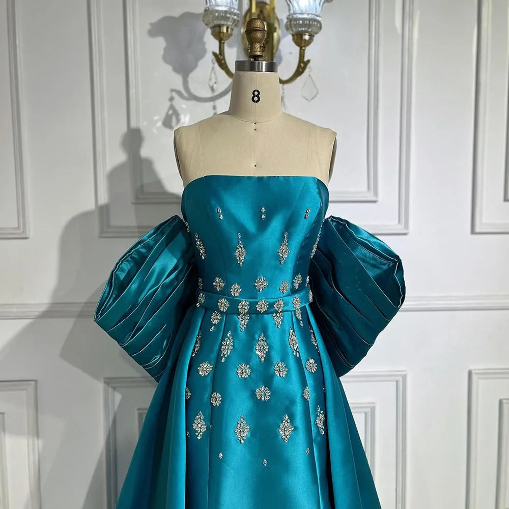 Serene Hill Arabic Blue Satin Mermaid Puff Sleeves Beaded Evening Dresses Gowns for Women Wedding Party 2025 LA72405 - SERENE HILL