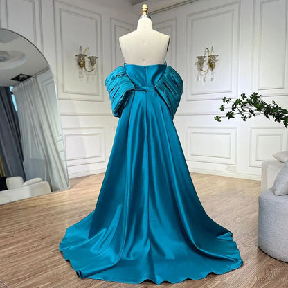 Serene Hill Arabic Blue Satin Mermaid Puff Sleeves Beaded Evening Dresses Gowns for Women Wedding Party 2025 LA72405 - SERENE HILL