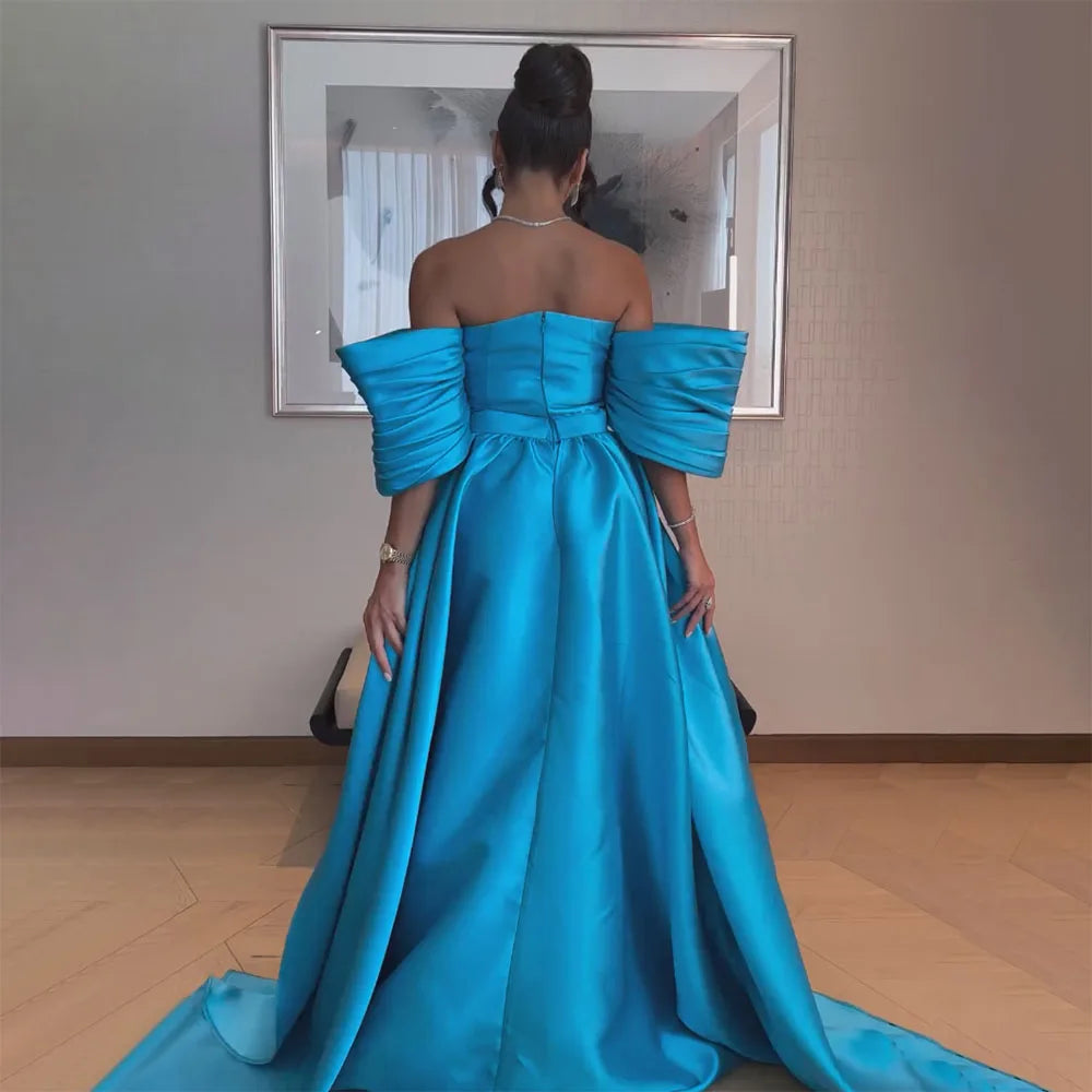 Serene Hill Arabic Blue Satin Mermaid Puff Sleeves Beaded Evening Dresses Gowns for Women Wedding Party 2025 LA72405 - SERENE HILL