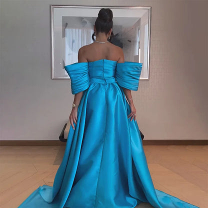 Serene Hill Arabic Blue Satin Mermaid Puff Sleeves Beaded Evening Dresses Gowns for Women Wedding Party 2025 LA72405 - SERENE HILL
