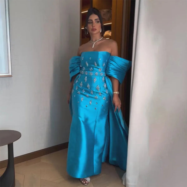 Serene Hill Arabic Blue Satin Mermaid Puff Sleeves Beaded Evening Dresses Gowns for Women Wedding Party 2025 LA72405