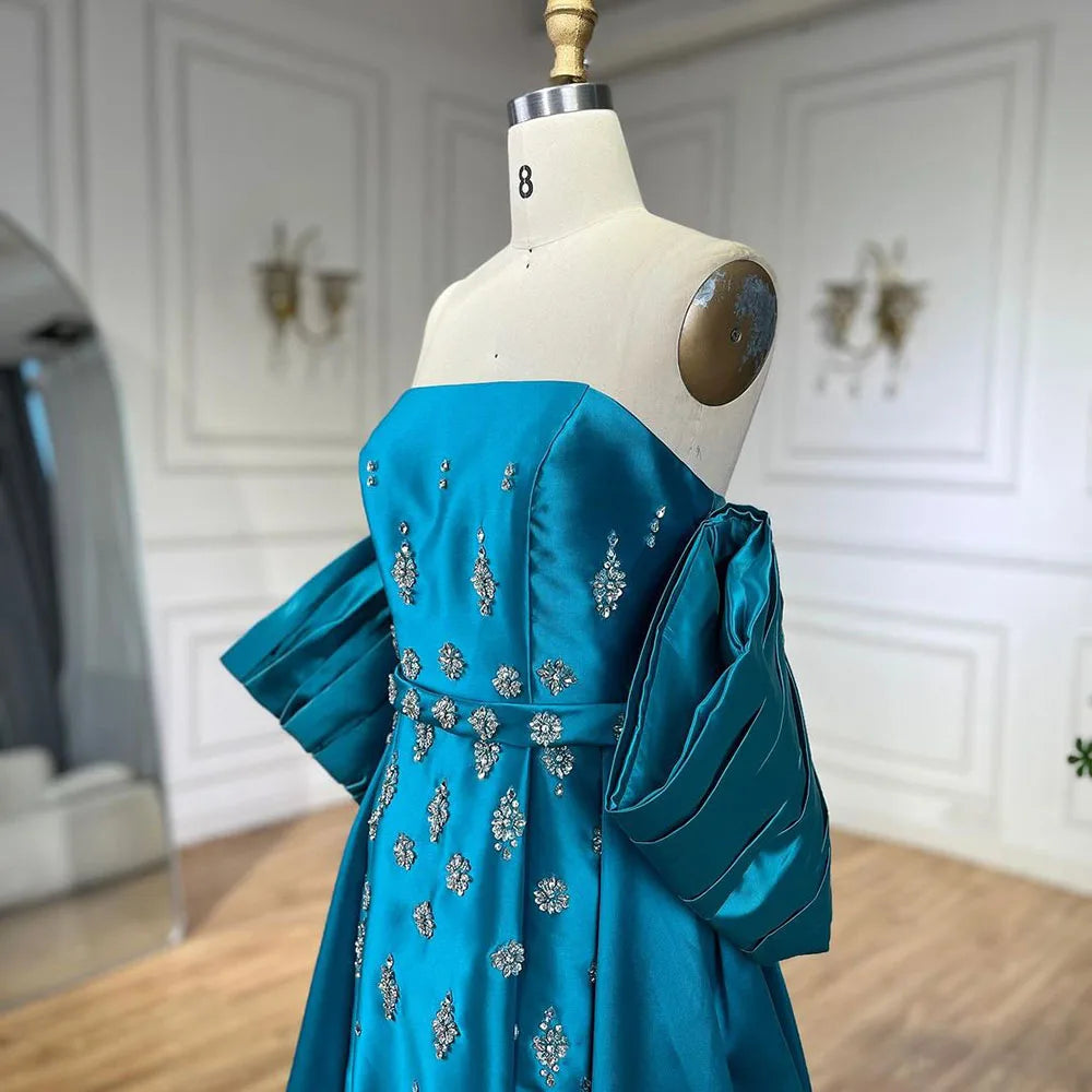 Serene Hill Arabic Blue Satin Mermaid Puff Sleeves Beaded Evening Dresses Gowns for Women Wedding Party 2025 LA72405 - SERENE HILL