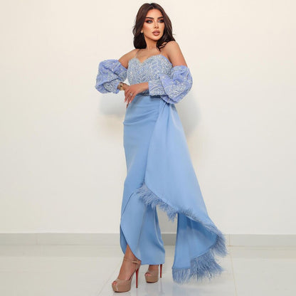 Serene Hill Arabic Blue Sexy Mermaid Puff Sleeves Beaded Feathers Luxury Dubai Evening Dresses Gowns For Women Party LA72080 - SERENE HILL