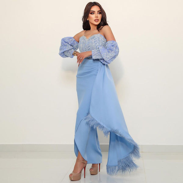 Serene Hill Arabic Blue Sexy Mermaid Puff Sleeves Beaded Feathers Luxury Dubai Evening Dresses Gowns For Women Party LA72080