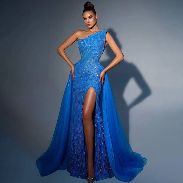 Serene Hill Arabic Blue Sexy High Split Luxury Beaded Dubai Evening Dresses For Women Wedding Party 2025 LA71921