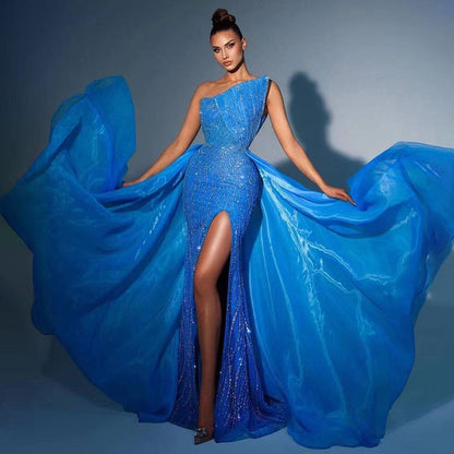 Serene Hill Arabic Blue Sexy High Split Luxury Beaded Dubai Evening Dresses For Women Wedding Party 2025 LA71921 - SERENE HILL