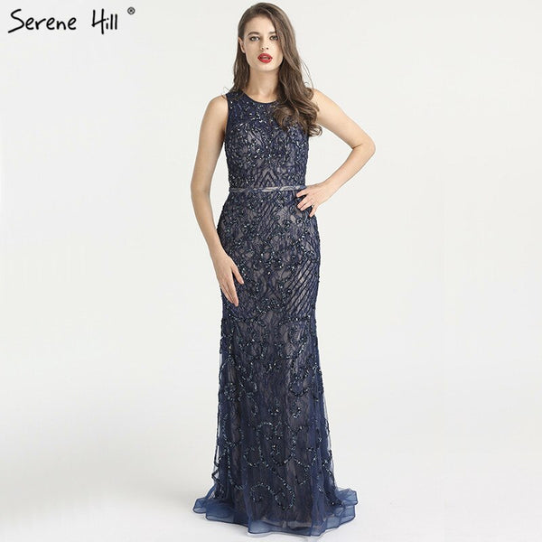 On Sale No Return No Refund  Serene Hill Arabic Blue Sleeveless Mermaid Luxury Evening Dresses Gowns 2025 Lace Beaded Elegant For Woman Wedding Party LA6358