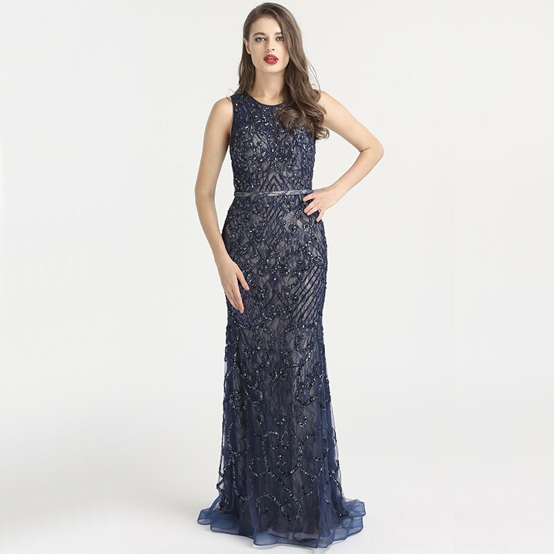 On Sale No Return No Refund Serene Hill Arabic Blue Sleeveless Mermaid Luxury Evening Dresses Gowns 2025 Lace Beaded Elegant For Woman Wedding Party LA6358 - SERENE HILL