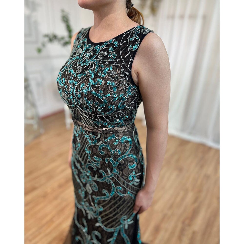 On Sale No Return No Refund Serene Hill Arabic Blue Sleeveless Mermaid Luxury Evening Dresses Gowns 2025 Lace Beaded Elegant For Woman Wedding Party LA6358 - SERENE HILL