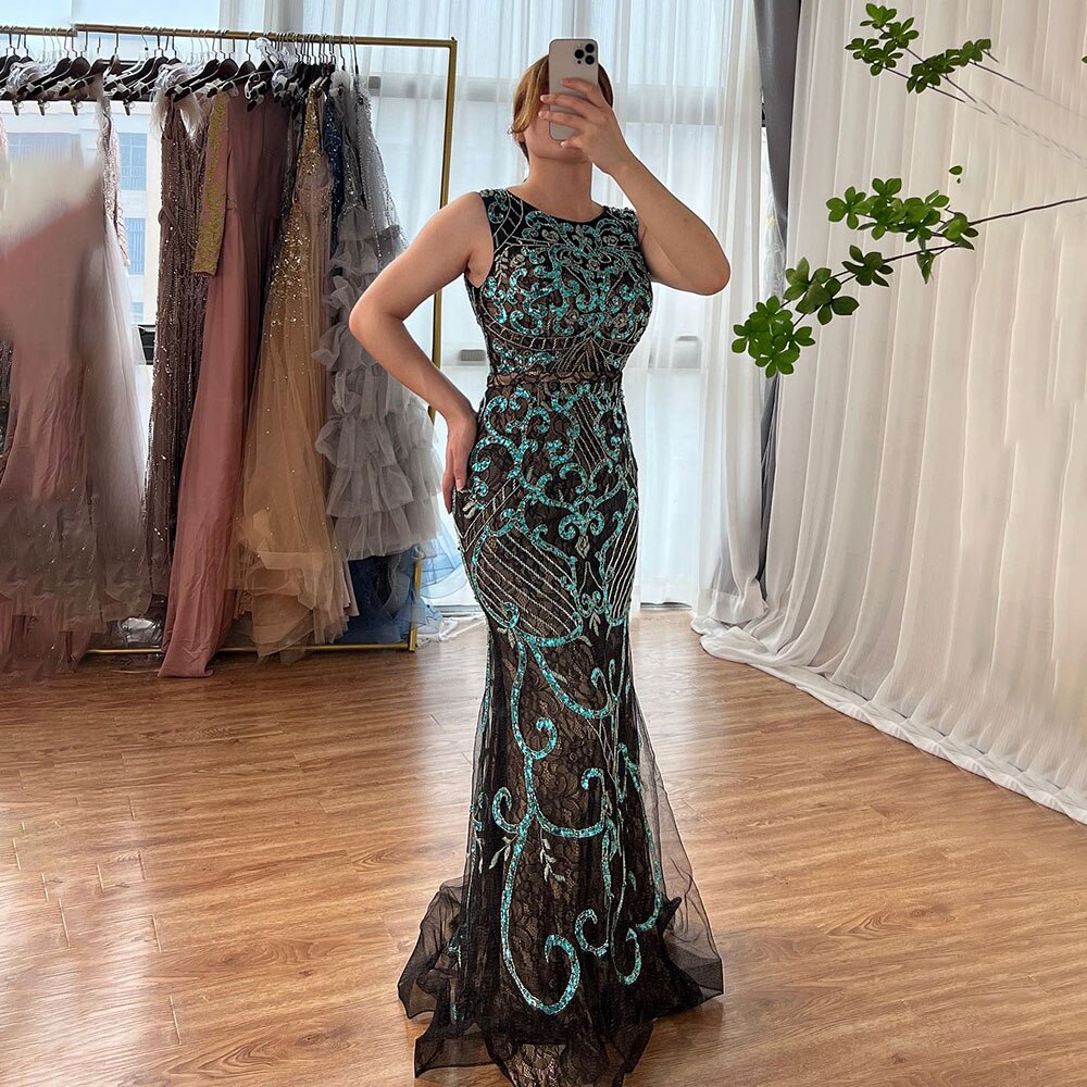 On Sale No Return No Refund Serene Hill Arabic Blue Sleeveless Mermaid Luxury Evening Dresses Gowns 2025 Lace Beaded Elegant For Woman Wedding Party LA6358 - SERENE HILL