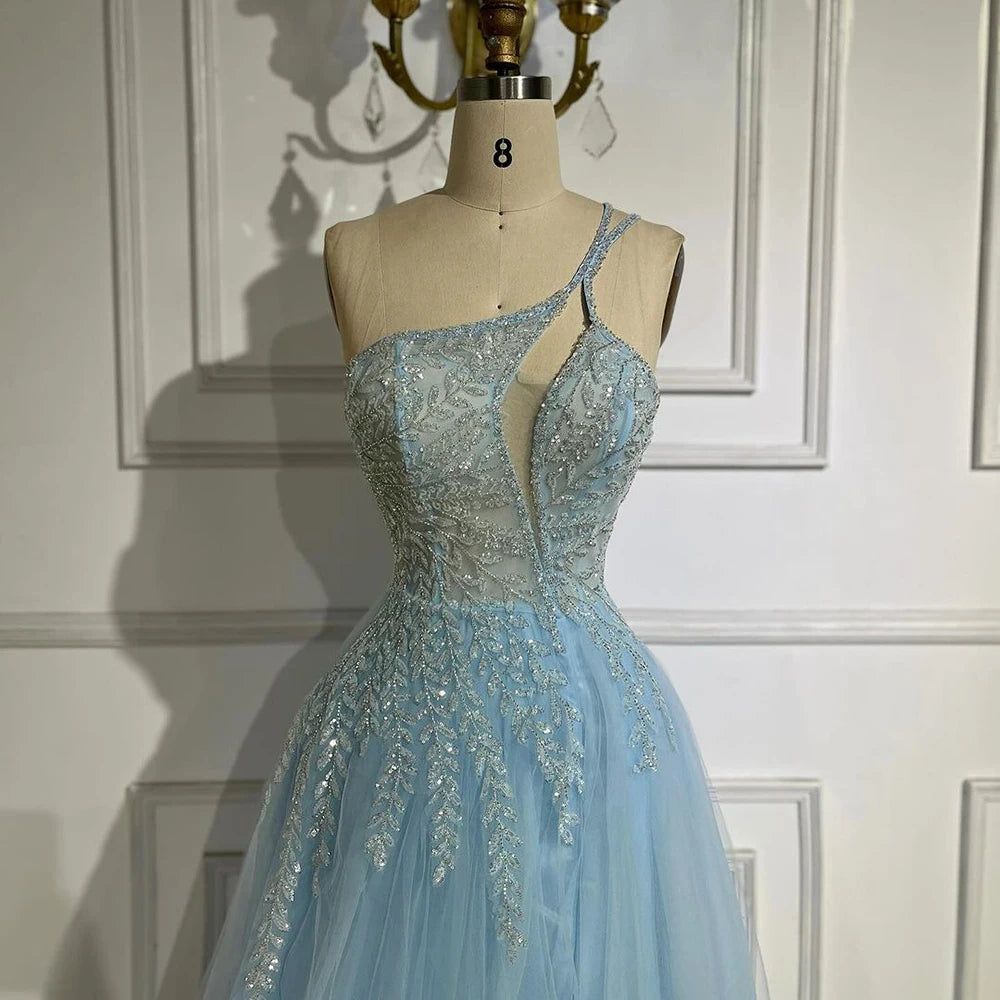 Serene Hill Blue Spaghetti Strap A Line One Shoulder Prom Dress 2025 LA72589 - SERENE HILL